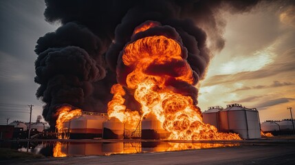 Oil storage fire. A metal industrial tank farm is on fire. Black smoke billows in the sky. Concept technogenic disaster and ecological catastrophy. Illustration for banner, poster or presentation.