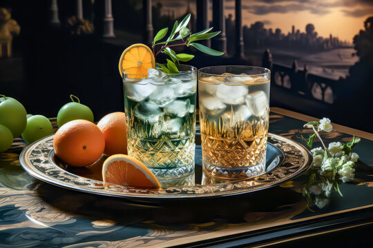 brandy cocktail with oranges and ice in dark background