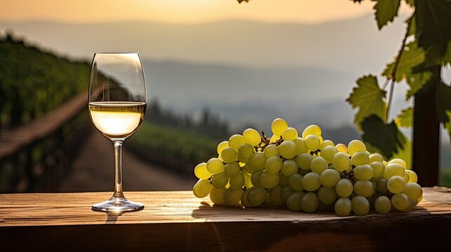 A bunch of grapes and one glasse of white wine or juice at sunset. Illustration for cover, card, postcard, interior design, decor, packaging, invitations, advertising, marketing or print.