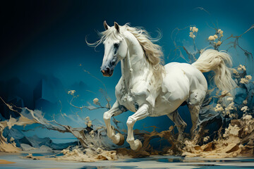 close-up artwork of a white horse on a blue isolated background
