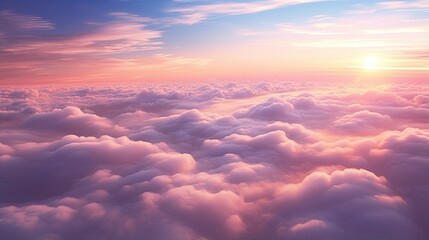 Beautiful sunset above the clouds. Aerial view. Nature background of sky. Cloudy landscape from the window of an airplane. Sunrise. Sun goes into the clouds. Illustration for varied design.