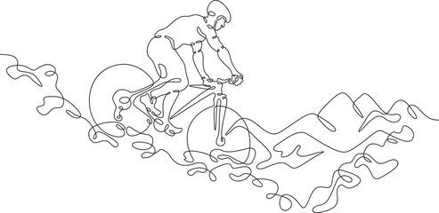 Fototapeta na wymiar Mountain bike. Extreme sport. Cyclist. Sportsman on a bicycle.Landscape. One continuous line. Linear. Hand drawn, white background.