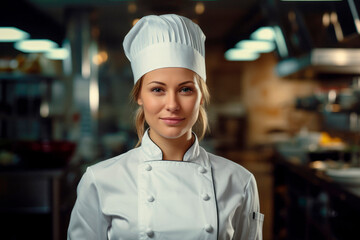 Capturing the Essence of a Woman Chef in Her Restaurant Kitchen, Behind the Scenes, Culinary Mastery concept, copy space