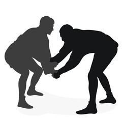 Image of silhouettes sambo athletes in sambo wrestling, combat sambo, duel, fight, fistfight, struggle, tussle, brawl, jiu jitsu. Martial art, sportsmanship