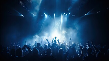 Silhouettes of concert crowd in front of bright stage lights on a music festival. Fog created by a fog machine. Illustration for cover, card, postcard, interior design, decor, packaging or banner.