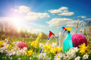 Housecleaning, hygiene, spring, chores, cleaning supplies on spring meadow in background
