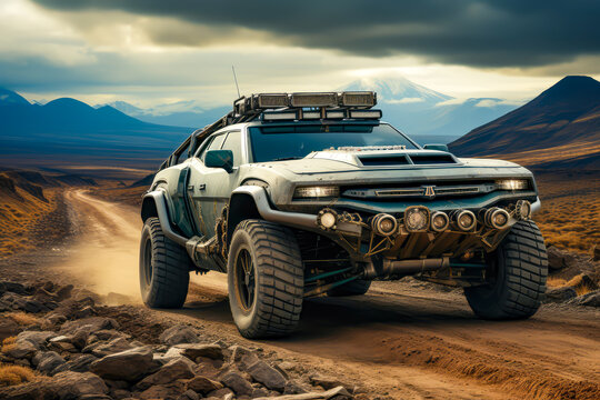 an off road 4x4 car design on a desert highway © VicenSanh