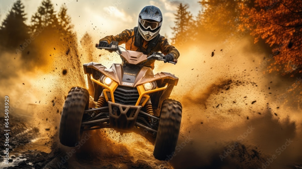 Sticker Extreme ATV rider rushing on dirt track through forest. Generative AI