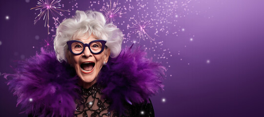 Happy Mature Woman with Grey Hair Celebrating New Years Party on a Purple Background with Space for Copy