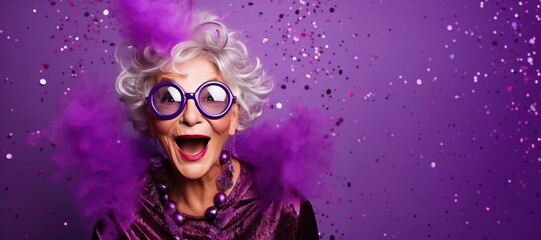 Happy Mature Woman with Grey Hair Celebrating New Years Party on a Purple Background with Space for Copy