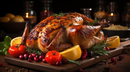 A mouthwatering roasted turkey on a wooden table, the centrepiece of a delicious Thanksgiving dinner, embodying holiday warmth and tradition