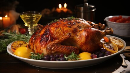 A mouthwatering roasted turkey on a wooden table, the star of a sumptuous Thanksgiving feast, evoking warmth, tradition, and holiday delight