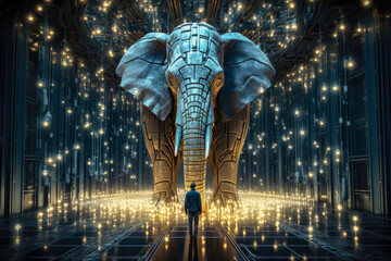Fototapeta na wymiar a man is looking at a giant cyborg elephant that appears to be connected to thousands of wires.