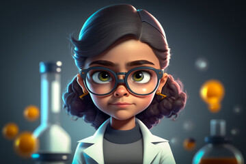 Female scientist or female doctor with glass concept illustration. 3d render cute cartoon girl. Experiments, medical workers, science and chemistry, research. Made with Generative AI - obrazy, fototapety, plakaty