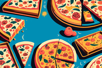 Various pizza with copy space. 2D flat design ads for Italian restaurants and pizzerias, pop American art. Delicious-looking pepperoni, cheese pizza, and other foods. Made with Generative AI