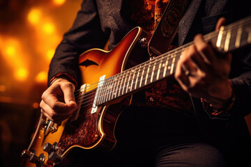 Obraz premium Close-up of a musician passionately playing a vintage guitar