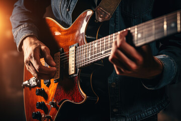 Fototapeta premium Close-up of a musician passionately playing a vintage guitar