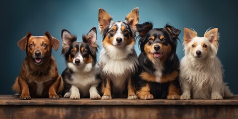 many cute dogs on a blue background. Generative AI