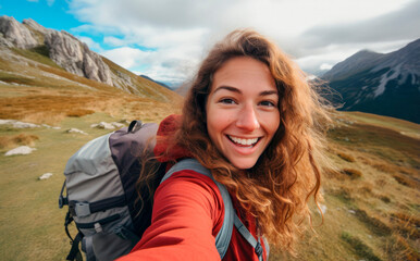 Naklejka na ściany i meble Mountain Selfie Adventure: A Joyful Native Traveler with a Backpack Exploring the Scenic Peaks of beautiful mountains. 