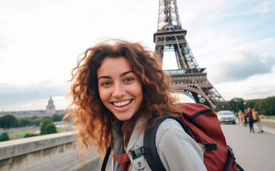 Young Native Adventurer: A Happy Traveling Woman with a Backpack Capturing Selfies in the Heart of Paris