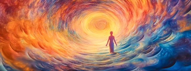 Photo sur Plexiglas Mélange de couleurs portrait of a man in hypnosis, colorful abstract world of illusion, banner