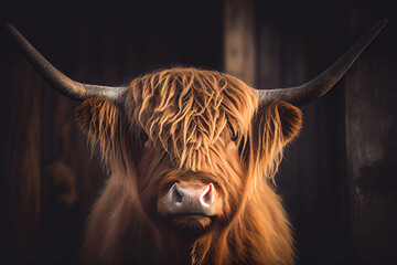 Portrait of highland cow. Digital painting created with Generative Ai technology - obrazy, fototapety, plakaty