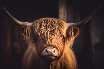 Foto op Plexiglas Portrait of highland cow. Digital painting created with Generative Ai technology © Rainbow Spells