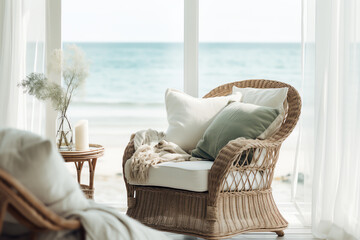 Fototapeta na wymiar A cozy wicker chair next to a sunlit window