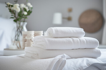 Fototapeta na wymiar Fresh towels on bed in hotel room