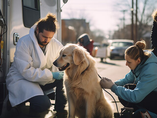 A street scene with a mobile vet clinic.