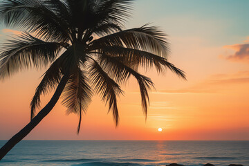 A palm tree silhouetted against a vibrant sunset over the ocean