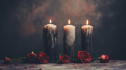 Romantic Candles and Dry or Dead Roses Against a Moody Black, Textured Background - Witchy and Dark Academia Aesthetic for Halloween or Backdrop - Grunge - With Copy Space