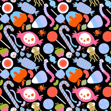 Cartoon Halloween candy seamless lollipop and sugar cherry and worms and skulls pattern for wrapping paper