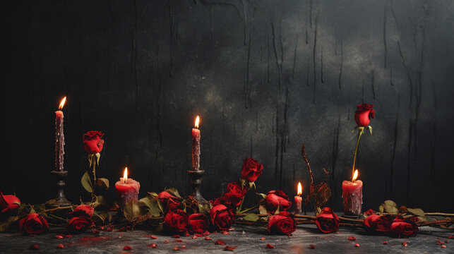 Romantic Candles and Dry or Dead Roses Against a Moody Black, Textured Background - Witchy and Dark Academia Aesthetic for Halloween or Backdrop - Grunge - With Copy Space