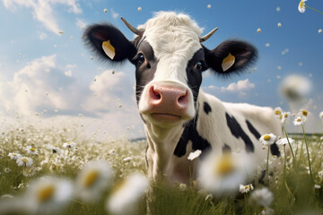 Cute cow on a meadow covered with white flowers