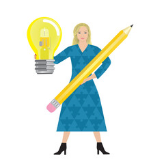 Woman with idea to write. Standing in puzzle, jigsaw pattern dress, holding light bulb and pen. Isolated. Vector illustration.