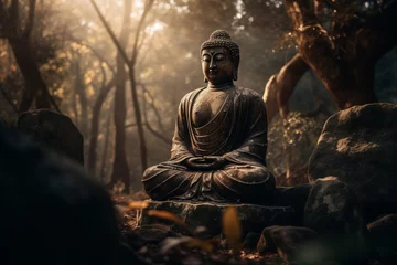 Poster Statue sculpture of ancient Buddha in morning a forest. Zen spiritual ritual meditating white face of brown Buddha green background. Spiritual calmness and awakening. Religion travel esoterics concept © Valeriia