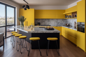 Interior of contemporary kitchen with yellow countertop and counter stools in a modern setting style