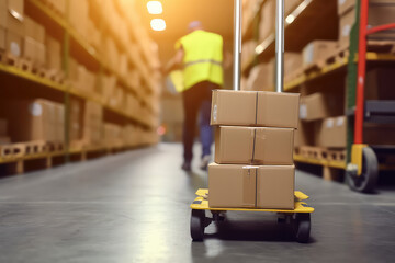 Cardboard boxes on hand pallet truck at storehouse. A pallet truck with a parcel at a logistics company's warehouse. 