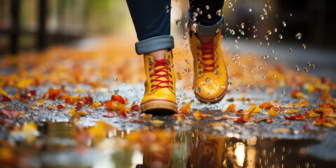 Closeup of pair of brightly colored kids rain boots splashing through puddles. Water-resistant children's shoes for autumn fall walks in puddles. 
