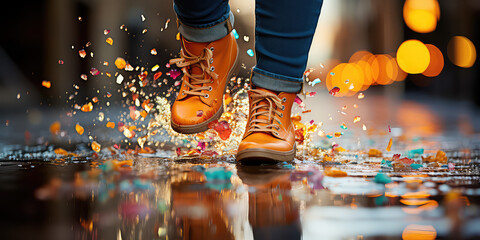 Closeup of pair of brightly colored kids rain boots splashing through puddles. Water-resistant children's shoes for autumn fall walks in puddles. 
