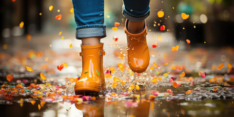 Closeup of pair of brightly colored kids rain boots splashing through puddles. Water-resistant children's shoes for autumn fall walks in puddles. 