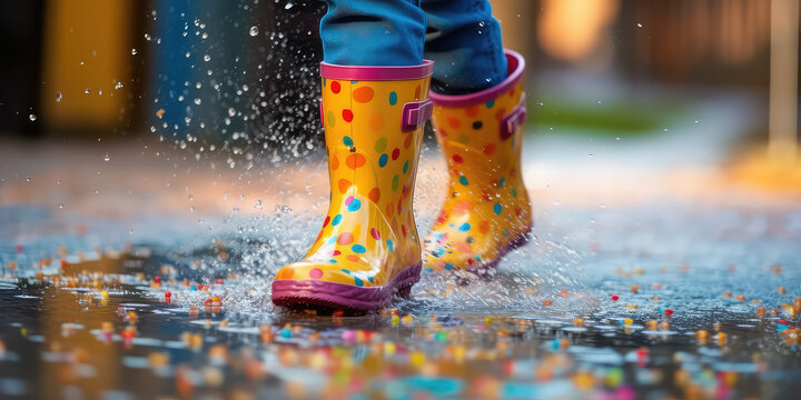 Closeup of pair of brightly colored kids rain boots splashing through puddles. Water-resistant children's shoes for autumn fall walks in puddles. 