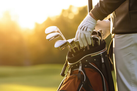 Person in golf gloves holding a bag of golf clubs, cropped image. Active holidays concept. 