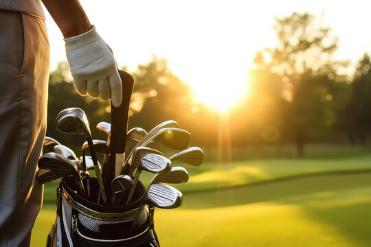 Person in golf gloves holding a bag of golf clubs, cropped image. Active holidays concept. 