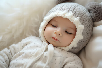 Fototapeta na wymiar Portrait of newborn sweet sleeping baby dressed in warm cute clothes and hat. Happy childhood pretty little kid. 