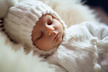 Portrait of newborn sweet sleeping baby dressed in warm cute clothes and hat. Happy childhood pretty little kid. 