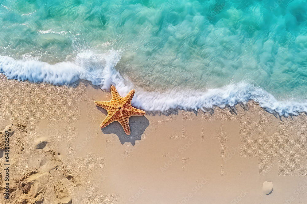 Wall mural top view of sand beach seashore, sea waves with white foam, copy space, starfish.