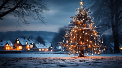 Holiday Christmas Tree Decoration and street lights at night.