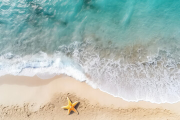 Obraz premium Top view of sand beach seashore, sea waves with white foam, copy space, starfish.